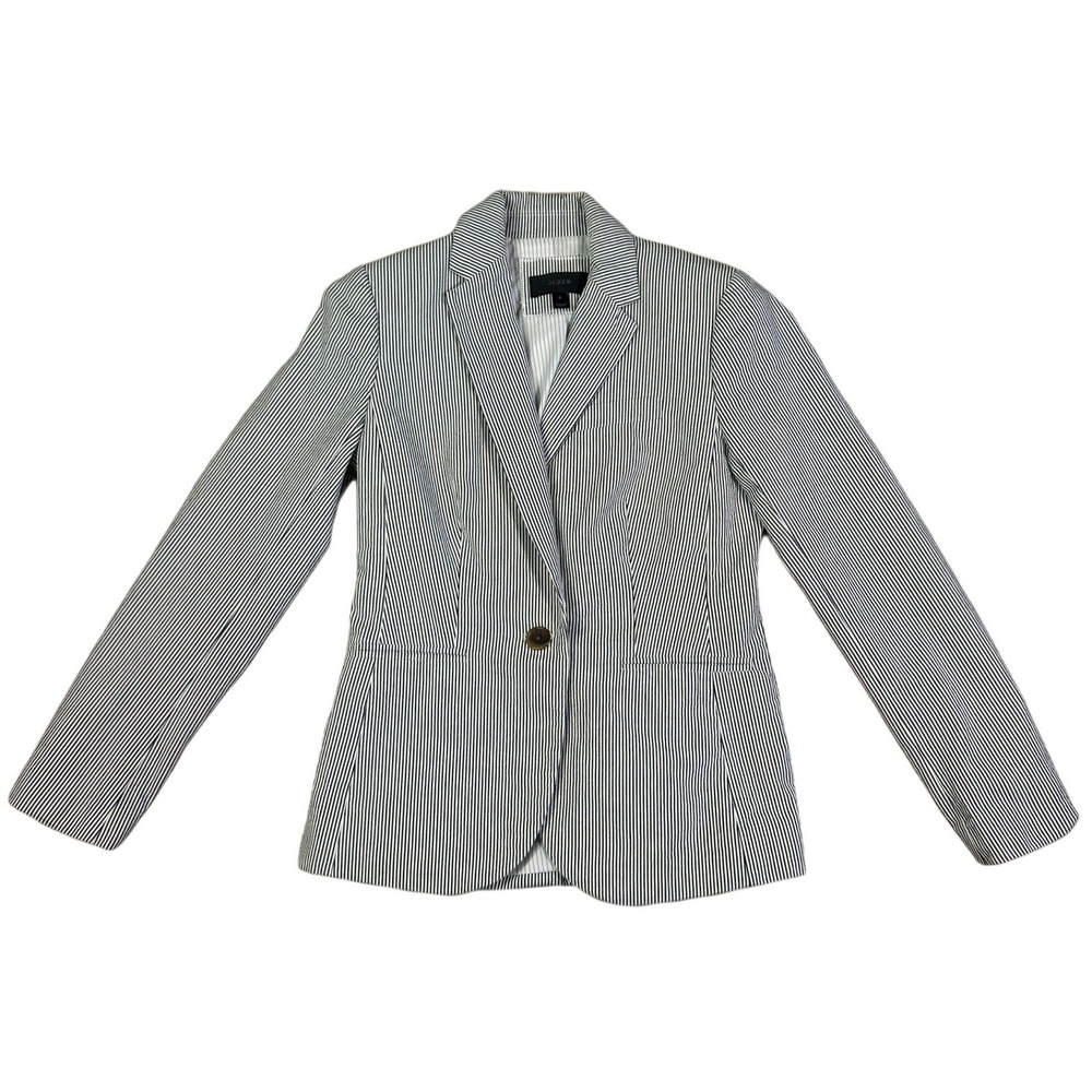 J Crew Campbell Blazer Size 0 Navy White Pinstripe One Button Cotton EUC
